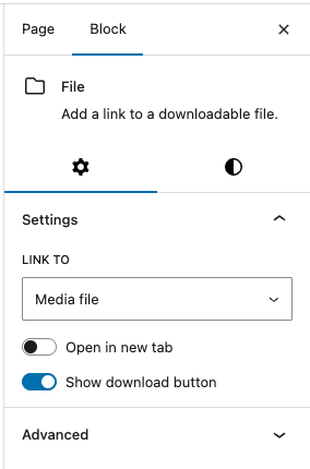 Settings Sidebar for the File block