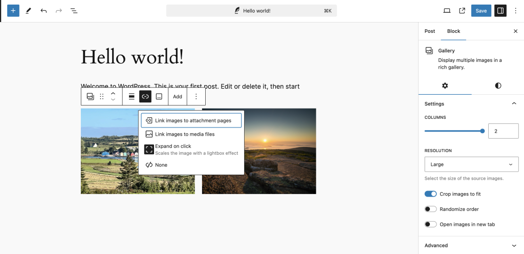 Adding a link to the images in the Gallery block