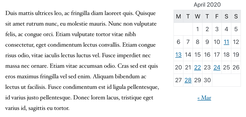 Calendar block - right aigned