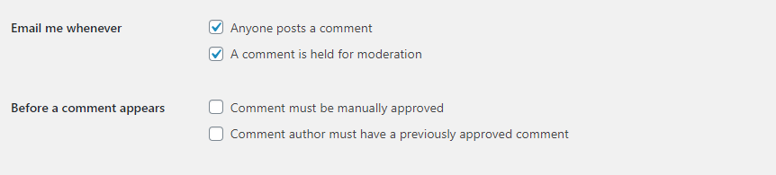 Email and comment options on the 'Settings' page in the admin dashboard