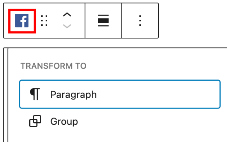 Transform tool in the Facebook embed block toolbar