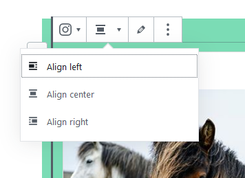 Alignment options for the Instagram block: align left, align center, and align right.