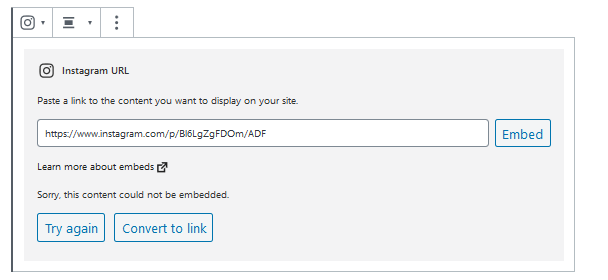 Example of a URL that cannot be embedded. Two options are presented, try again or convert to link.