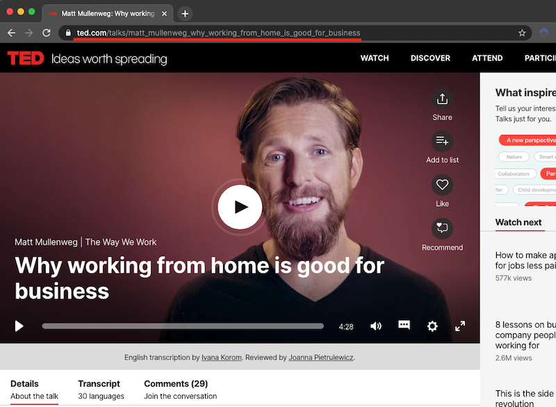 Shows and example of a video found on ted.com.