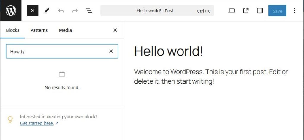No results in the Block Directory, which displays a notice about creating your own block