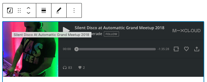 Preview in editor of Mixcloud embed