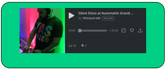 Mixcloud embed wrapped in Group block with green background and solid border