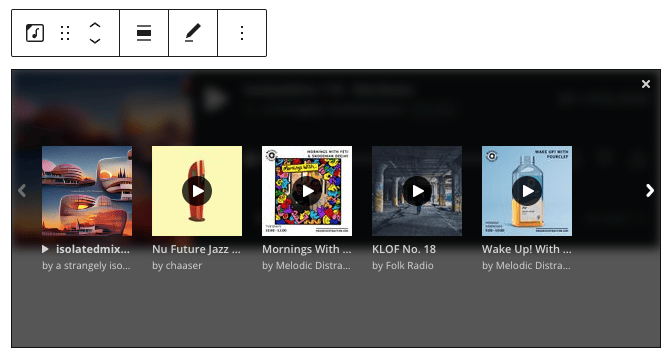Preview of embedded Mixcloud playlist in editor