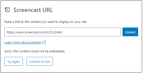 Example of a URL that cannot be embedded. Two options are presented, try again or convert to link.
