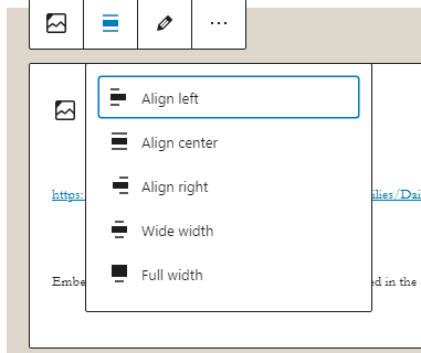 Alignment options for the block: wide width, full width, align left, align center, and align right.
