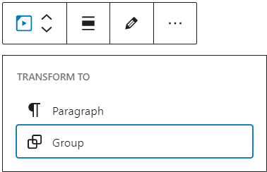 Options to transform the TikTok block to Paragraph, Columns or Group.