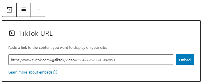 Embed option for the TikTok block to paste the URL.