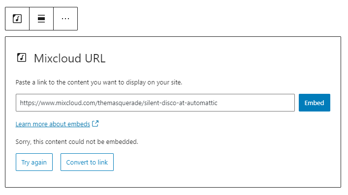 Mixcloud URL cannot be embedded notification