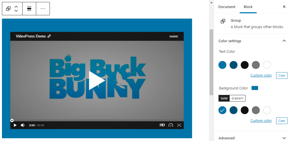 Editor view of a VideoPress embed as a group with Color Settings controls