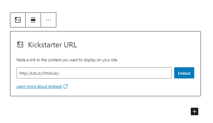 Kickstarter URL option for the Kickstarter Embed block.