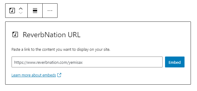 Embed option for the ReverbNation block to paste the URL.