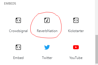 Screenshot showing the ReverbNation embed block