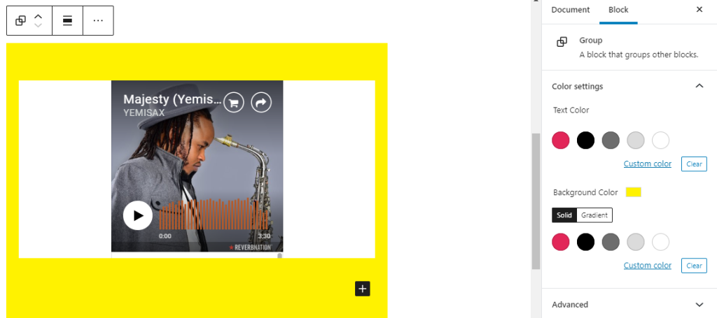 Editor view of a Reverbnation Embed as a group with Color Settings controls
