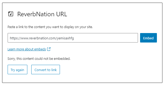 Example of a URL that cannot be embedded. Two options are presented, try again or convert to link.