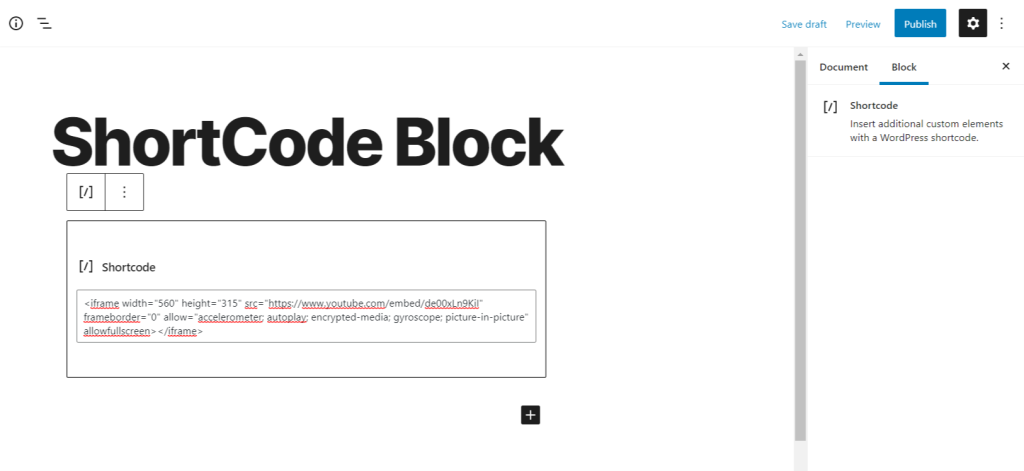 Block settings for the shortcode block