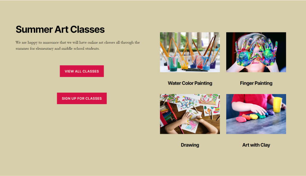 Group block with columns, heading, paragraph, image and button blocks.