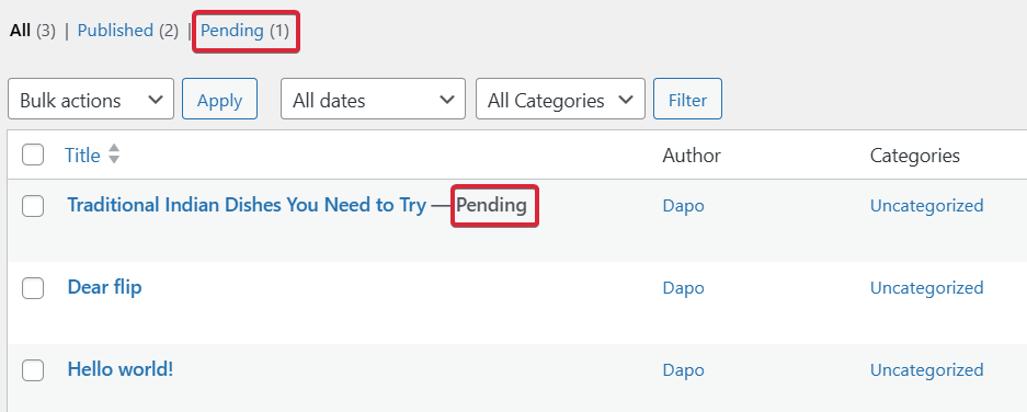 Pending review posts in the Pending filter