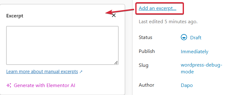 Excerpt in the Settings sidebar