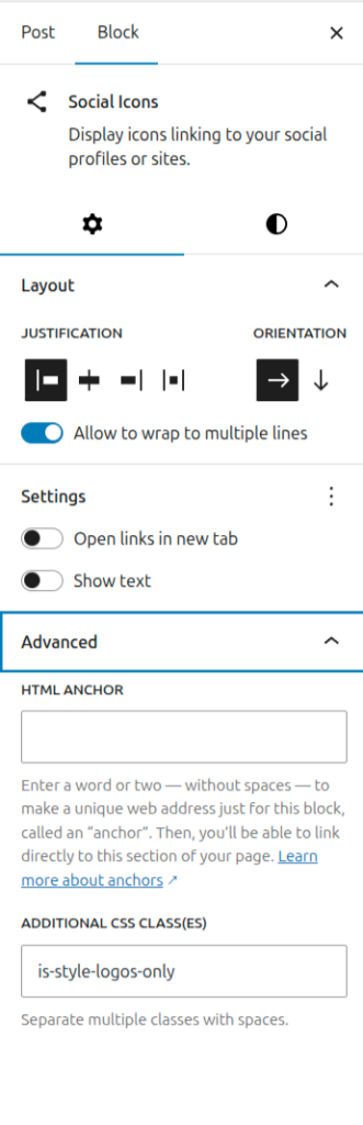 Settings tab for Social icons block.