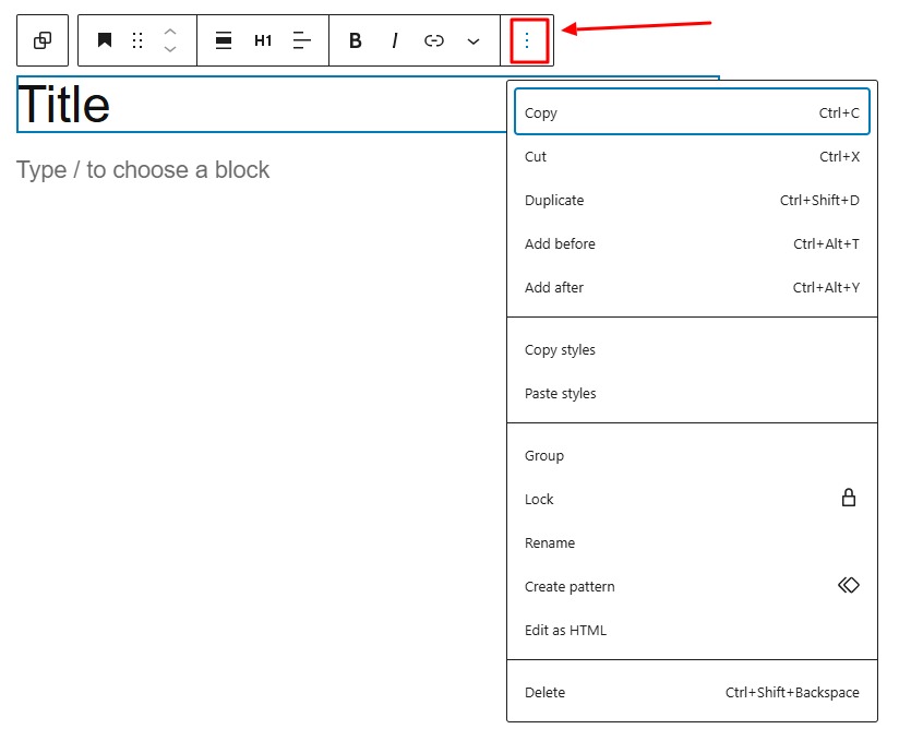 More options on a paragraph block toolbar