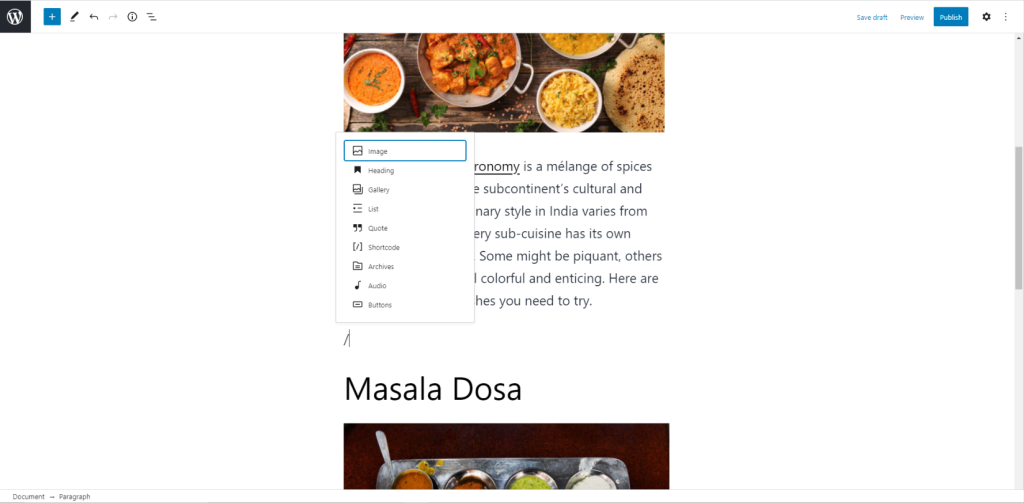 Visual editor screen with focus on block inserter