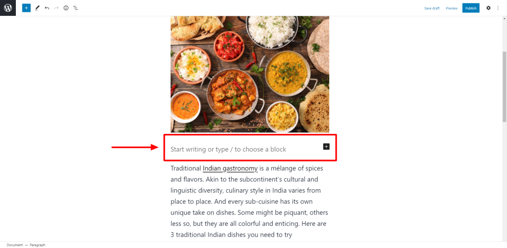 Visual editor screen with inserter in between blocks