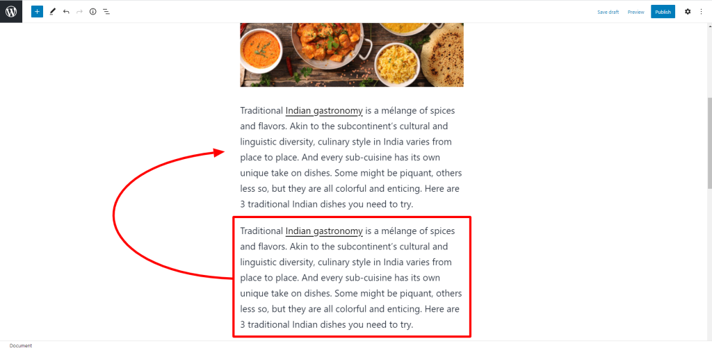 Visual editor screen with duplicated text block