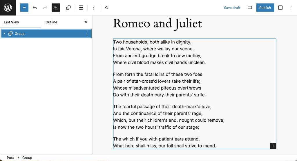 Visual editor screen with single group block