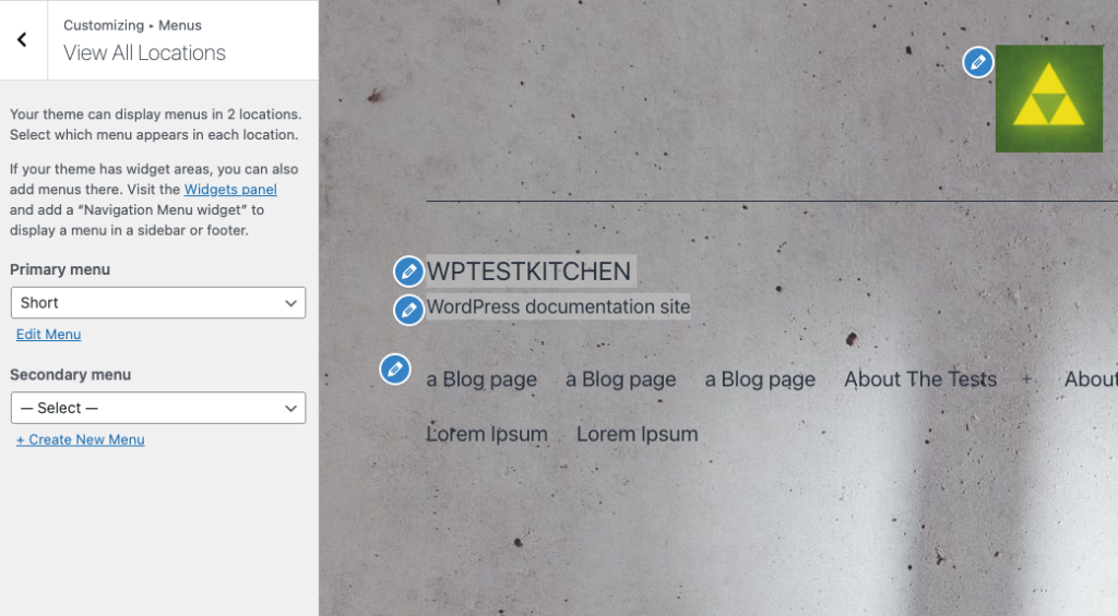 Customizer Menu Locations screen