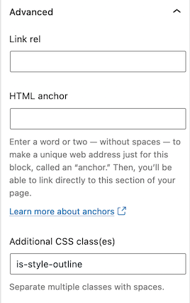 Advanced settings for the individual button in the buttons block