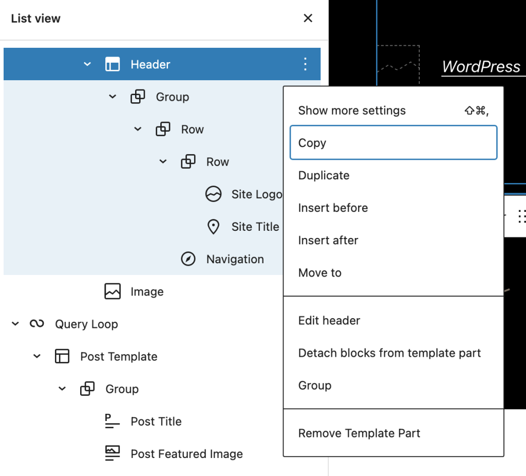 The list view of blocks