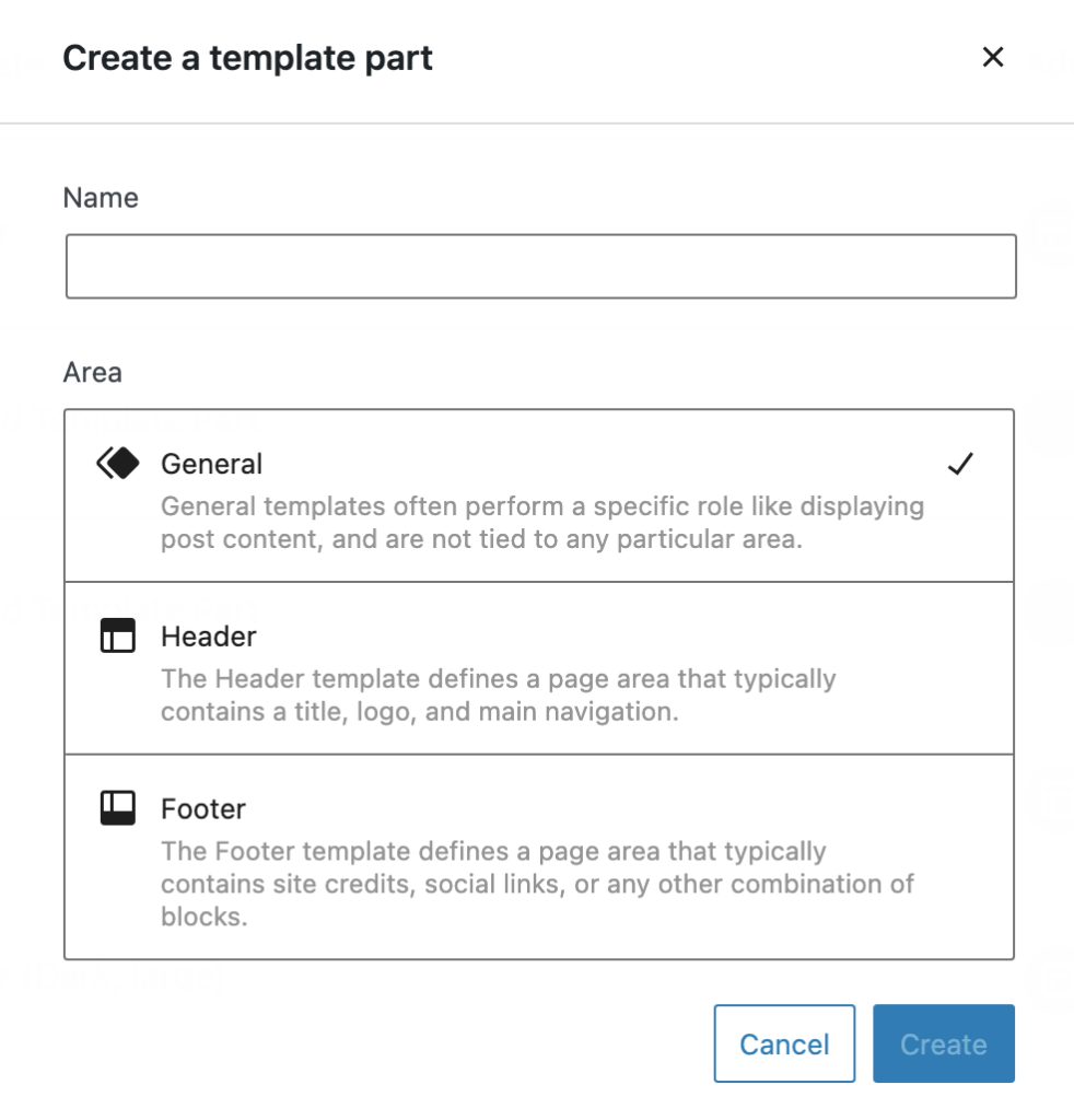 Upon clicking on create template part, a pop up appears with the title "Create a template part".