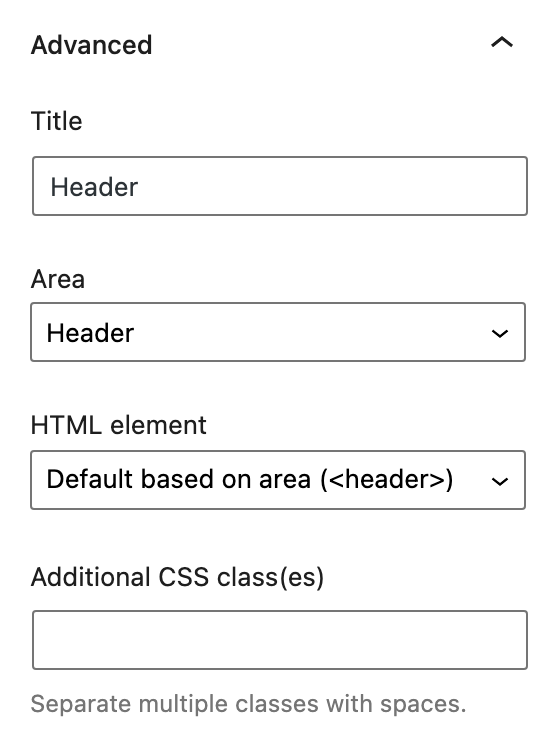 Image of advanced options with the template part block.