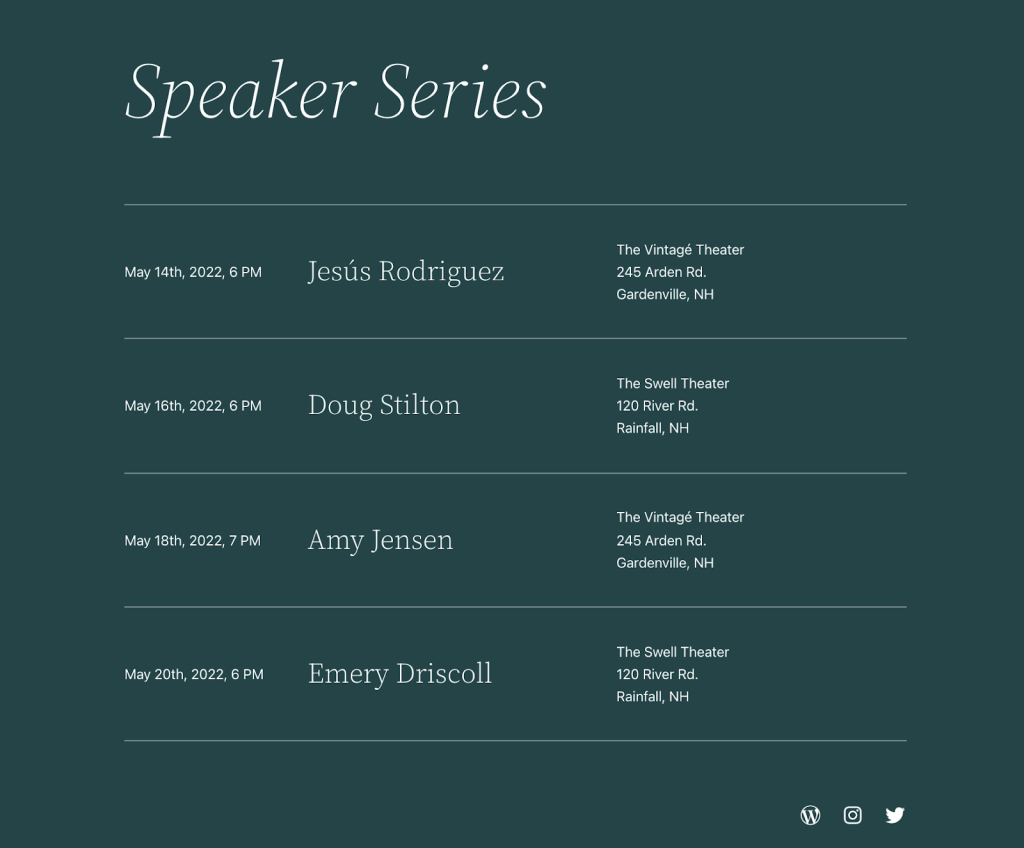 List of events with a large header saying Speaker Series.