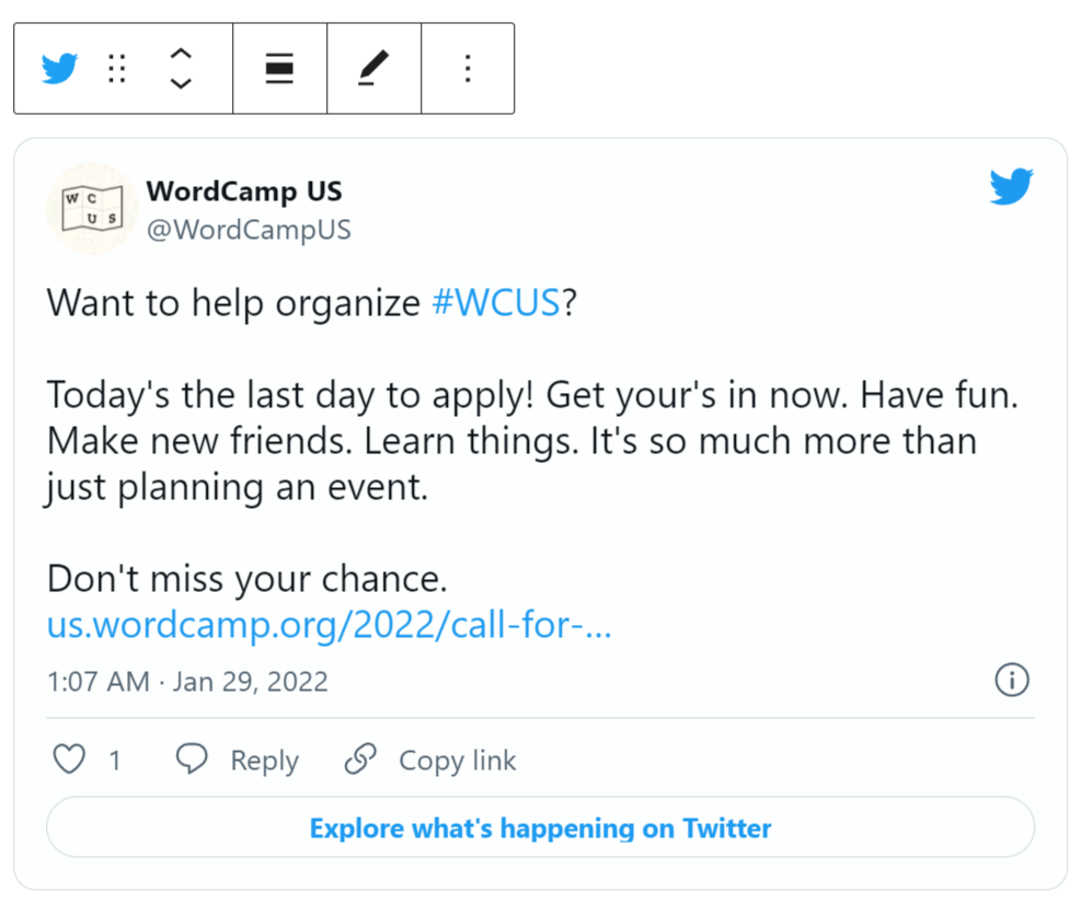 Display of the tweet embed in editor 