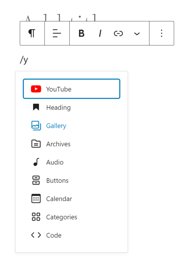 Select a YouTube block for Gutenberg Page Builder