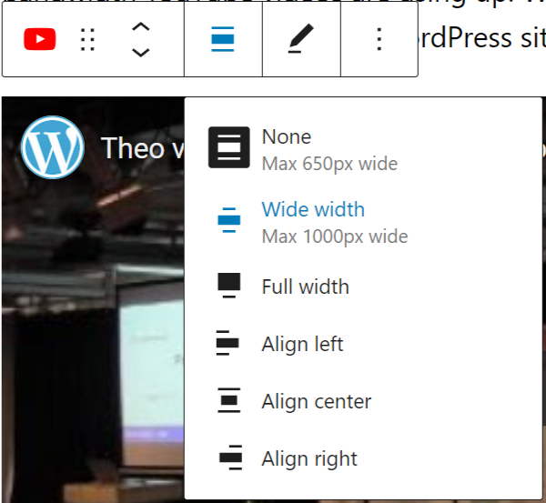 Changing alignment for the YouTube block