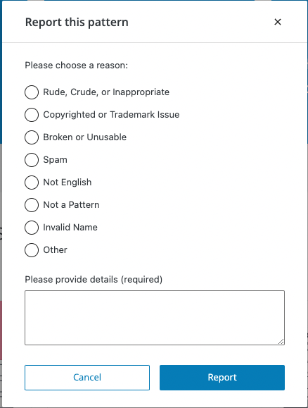 Report pattern dialog with reason options and text box.