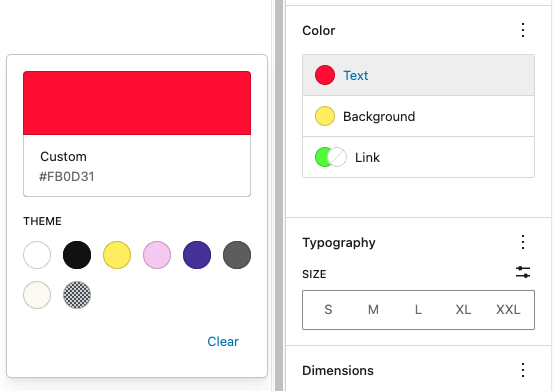 Color settings in the Categories block
