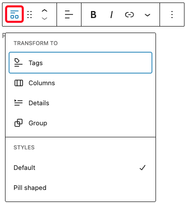 Transform options in Categories block
