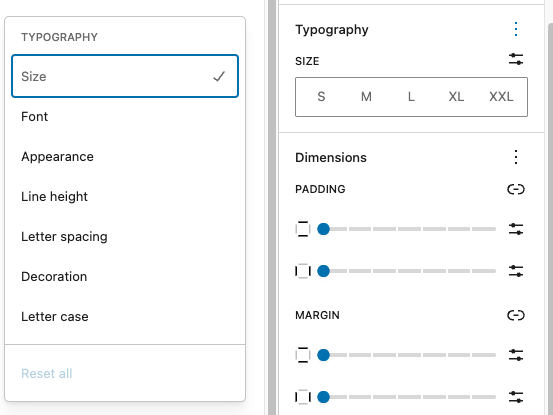Typography settings in the Categories block