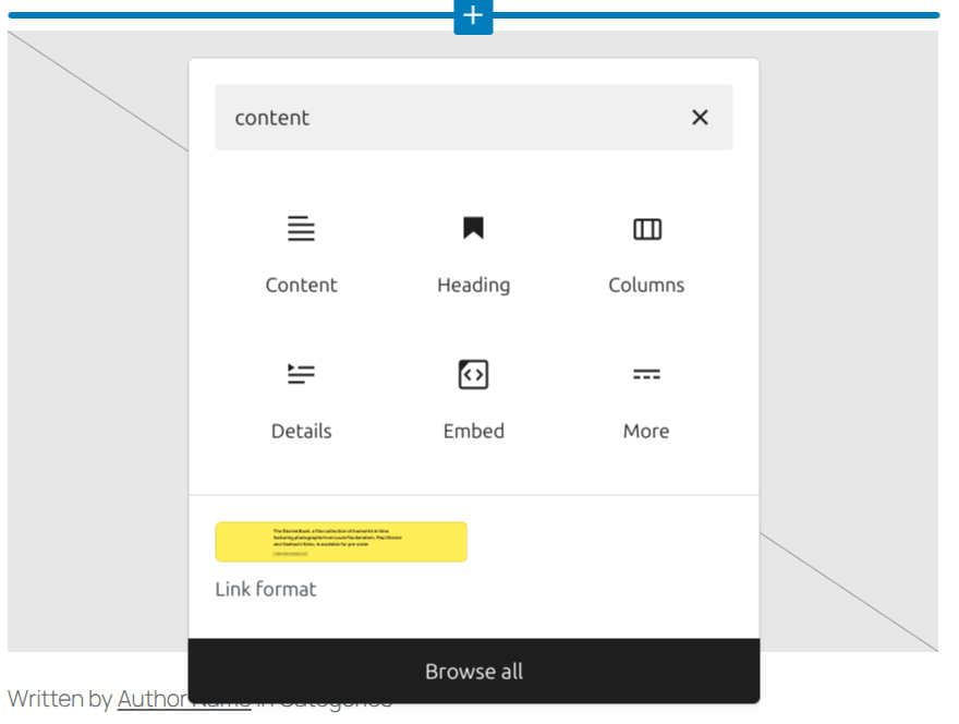 A screenshot of the inline block inserter. The search bar of the block inserter contains the text "content". The Content block is available as an option to insert into the page.