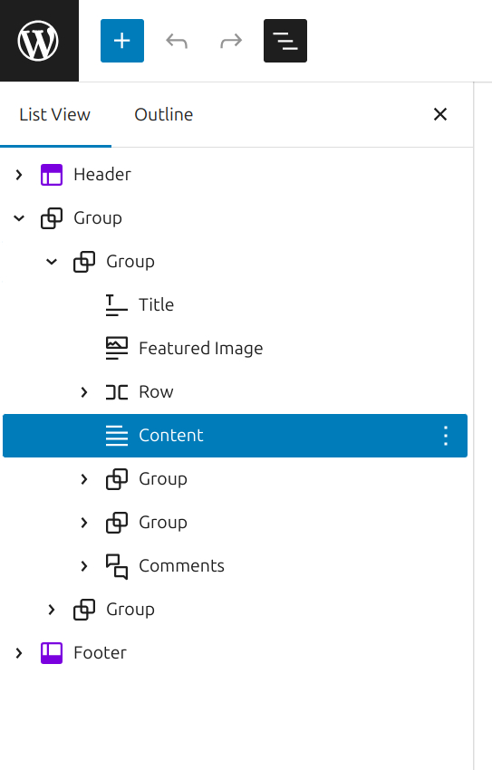 A screenshot of the document overview sidebar in the WordPress edit Template screen. The list view tab is active and a content block is highlighted.