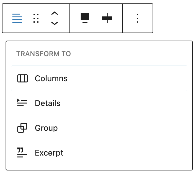 The transform dropdown on the Content block