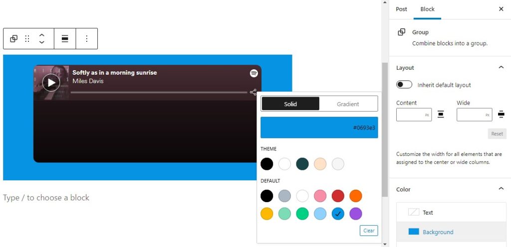 Editor view of a Spotify Embed as a group with Color Settings controls